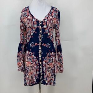 Billabong Floral Tunic Dress Womens M Medium Blue Tunic Top Bell Sleeve